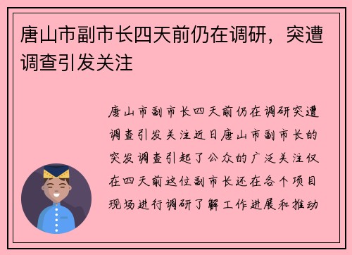 唐山市副市长四天前仍在调研，突遭调查引发关注