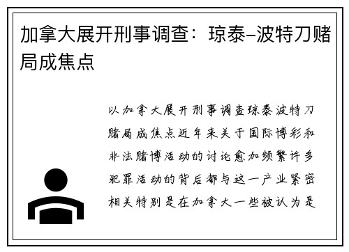 加拿大展开刑事调查：琼泰-波特刀赌局成焦点