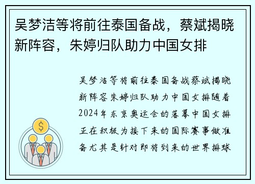 吴梦洁等将前往泰国备战，蔡斌揭晓新阵容，朱婷归队助力中国女排