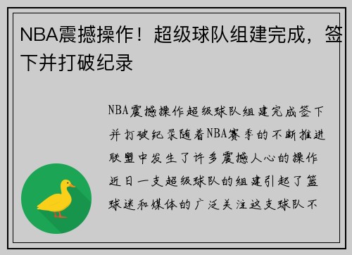 NBA震撼操作！超级球队组建完成，签下并打破纪录