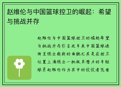 赵维伦与中国篮球控卫的崛起：希望与挑战并存