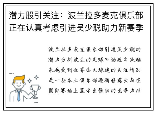 潜力股引关注：波兰拉多麦克俱乐部正在认真考虑引进吴少聪助力新赛季